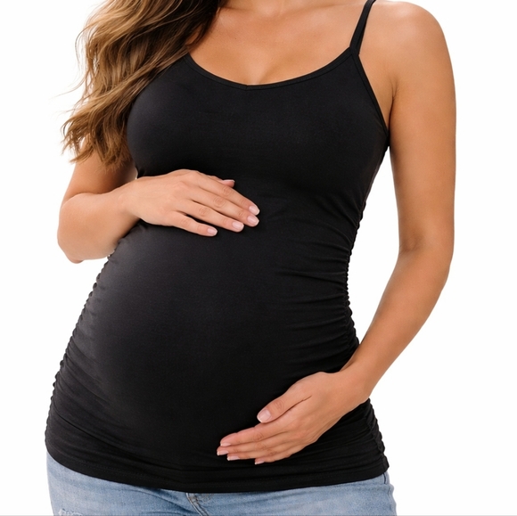Isabel Maternity by Ingrid & Isabel Tops - Black Maternity Stretch Cami Tank – Built-In Belly Support, Soft & Smoothing